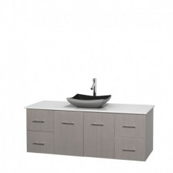60 inch Single Bathroom Vanity in Gray Oak, White Man-Made Stone Countertop, Altair Black Granite Sink, and No Mirror