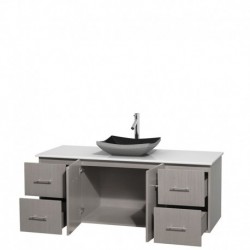 60 inch Single Bathroom Vanity in Gray Oak, White Man-Made Stone Countertop, Altair Black Granite Sink, and No Mirror