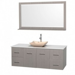 60 inch Single Bathroom Vanity in Gray Oak, White Man-Made Stone Countertop, Avalon Ivory Marble Sink, and 58 inch Mirror