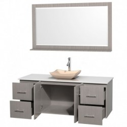 60 inch Single Bathroom Vanity in Gray Oak, White Man-Made Stone Countertop, Avalon Ivory Marble Sink, and 58 inch Mirror