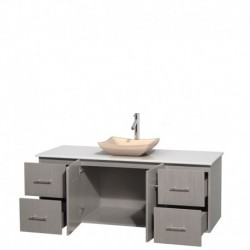 60 inch Single Bathroom Vanity in Gray Oak, White Man-Made Stone Countertop, Avalon Ivory Marble Sink, and No Mirror