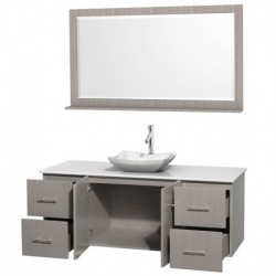 60 inch Single Bathroom Vanity in Gray Oak, White Man-Made Stone Countertop, Avalon White Carrera Marble Sink, and 58 inch Mirr