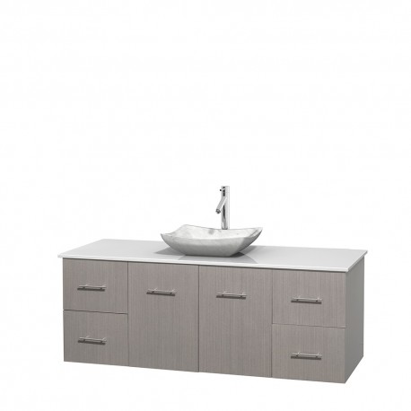 60 inch Single Bathroom Vanity in Gray Oak, White Man-Made Stone Countertop, Avalon White Carrera Marble Sink, and No Mirror