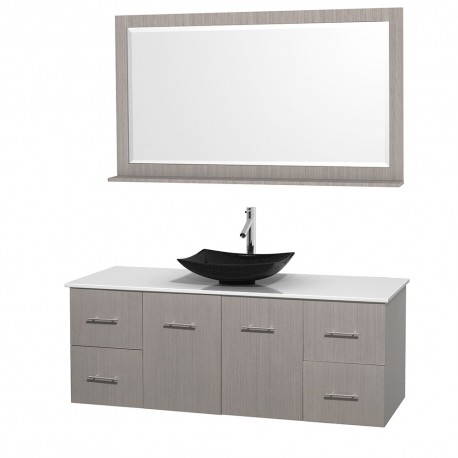 60 inch Single Bathroom Vanity in Gray Oak, White Man-Made Stone Countertop, Arista Black Granite Sink, and 58 inch Mirror