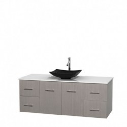 60 inch Single Bathroom Vanity in Gray Oak, White Man-Made Stone Countertop, Arista Black Granite Sink, and No Mirror
