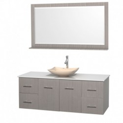 60 inch Single Bathroom Vanity in Gray Oak, White Man-Made Stone Countertop, Arista Ivory Marble Sink, and 58 inch Mirror