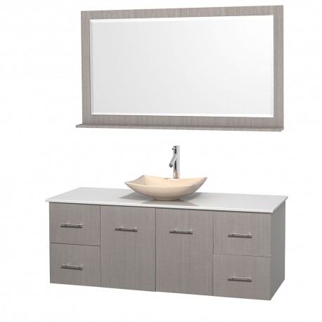 60 inch Single Bathroom Vanity in Gray Oak, White Man-Made Stone Countertop, Arista Ivory Marble Sink, and 58 inch Mirror