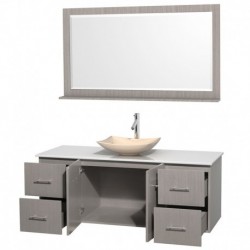 60 inch Single Bathroom Vanity in Gray Oak, White Man-Made Stone Countertop, Arista Ivory Marble Sink, and 58 inch Mirror