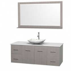 60 inch Single Bathroom Vanity in Gray Oak, White Man-Made Stone Countertop, Arista White Carrera Marble Sink, and 58 inch Mirr