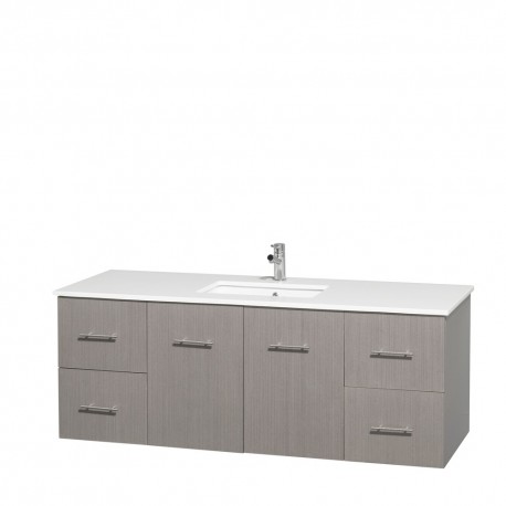 60 inch Single Bathroom Vanity in Gray Oak, White Man-Made Stone Countertop, Undermount Square Sink, and No Mirror