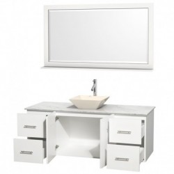 60 inch Single Bathroom Vanity in Matte White, White Carrera Marble Countertop, Pyra Bone Porcelain Sink, and 58 inch Mirror