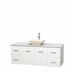 60 inch Single Bathroom Vanity in Matte White, White Carrera Marble Countertop, Pyra Bone Porcelain Sink, and No Mirror