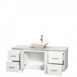 60 inch Single Bathroom Vanity in Matte White, White Carrera Marble Countertop, Pyra Bone Porcelain Sink, and No Mirror