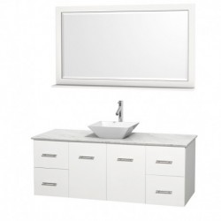 60 inch Single Bathroom Vanity in Matte White, White Carrera Marble Countertop, Pyra White Porcelain Sink, and 58 inch Mirror