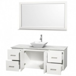 60 inch Single Bathroom Vanity in Matte White, White Carrera Marble Countertop, Pyra White Porcelain Sink, and 58 inch Mirror