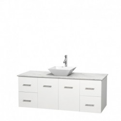 60 inch Single Bathroom Vanity in Matte White, White Carrera Marble Countertop, Pyra White Porcelain Sink, and No Mirror