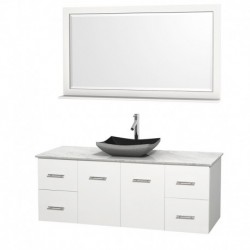 60 inch Single Bathroom Vanity in Matte White, White Carrera Marble Countertop, Altair Black Granite Sink, and 58 inch Mirror