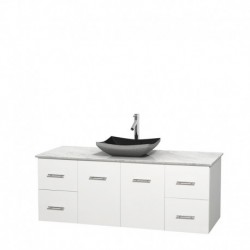 60 inch Single Bathroom Vanity in Matte White, White Carrera Marble Countertop, Altair Black Granite Sink, and No Mirror