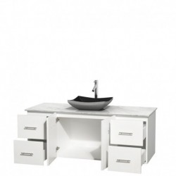 60 inch Single Bathroom Vanity in Matte White, White Carrera Marble Countertop, Altair Black Granite Sink, and No Mirror