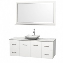 60 inch Single Bathroom Vanity in Matte White, White Carrera Marble Countertop, Avalon White Carrera Marble Sink, and 58 inch M