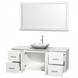 60 inch Single Bathroom Vanity in Matte White, White Carrera Marble Countertop, Avalon White Carrera Marble Sink, and 58 inch M