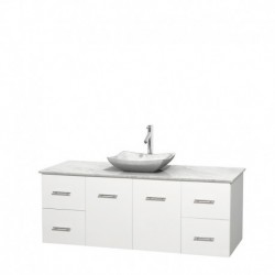 60 inch Single Bathroom Vanity in Matte White, White Carrera Marble Countertop, Avalon White Carrera Marble Sink, and No Mirror