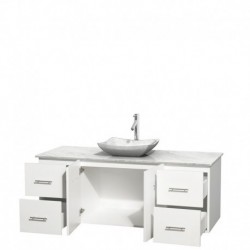 60 inch Single Bathroom Vanity in Matte White, White Carrera Marble Countertop, Avalon White Carrera Marble Sink, and No Mirror
