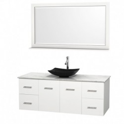 60 inch Single Bathroom Vanity in Matte White, White Carrera Marble Countertop, Arista Black Granite Sink, and 58 inch Mirror