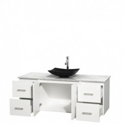 60 inch Single Bathroom Vanity in Matte White, White Carrera Marble Countertop, Arista Black Granite Sink, and No Mirror