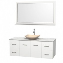 60 inch Single Bathroom Vanity in Matte White, White Carrera Marble Countertop, Arista Ivory Marble Sink, and 58 inch Mirror