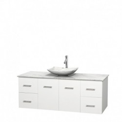 60 inch Single Bathroom Vanity in Matte White, White Carrera Marble Countertop, Arista White Carrera Marble Sink, and No Mirror