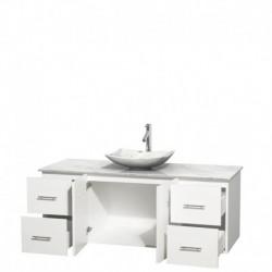 60 inch Single Bathroom Vanity in Matte White, White Carrera Marble Countertop, Arista White Carrera Marble Sink, and No Mirror