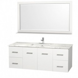 60 inch Single Bathroom Vanity in Matte White, White Carrera Marble Countertop, Square Porcelain Undermount Sink, and 58 inch M