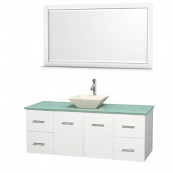 60 inch Single Bathroom Vanity in Matte White, Green Glass Countertop, Pyra Bone Porcelain Sink, and 58 inch Mirror