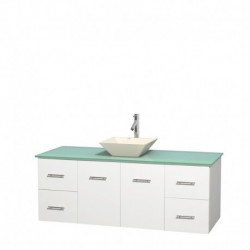60 inch Single Bathroom Vanity in Matte White, Green Glass Countertop, Pyra Bone Porcelain Sink, and No Mirror