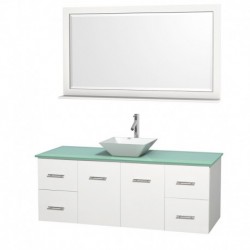 60 inch Single Bathroom Vanity in Matte White, Green Glass Countertop, Pyra White Porcelain Sink, and 58 inch Mirror