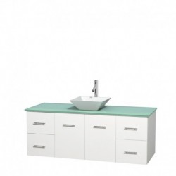 60 inch Single Bathroom Vanity in Matte White, Green Glass Countertop, Pyra White Porcelain Sink, and No Mirror