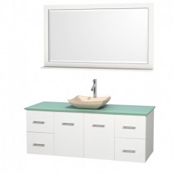 60 inch Single Bathroom Vanity in Matte White, Green Glass Countertop, Avalon Ivory Marble Sink, and 58 inch Mirror