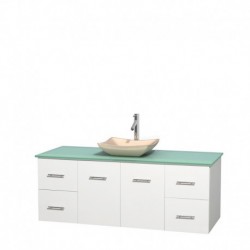 60 inch Single Bathroom Vanity in Matte White, Green Glass Countertop, Avalon Ivory Marble Sink, and No Mirror