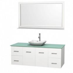 60 inch Single Bathroom Vanity in Matte White, Green Glass Countertop, Avalon White Carrera Marble Sink, and 58 inch Mirror