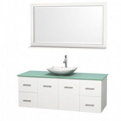 60 inch Single Bathroom Vanity in Matte White, Green Glass Countertop, Arista White Carrera Marble Sink, and 58 inch Mirror