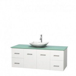 60 inch Single Bathroom Vanity in Matte White, Green Glass Countertop, Arista White Carrera Marble Sink, and No Mirror