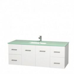 60 inch Single Bathroom Vanity in Matte White, Green Glass Countertop, Undermount Square Sink, and No Mirror
