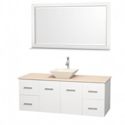 60 inch Single Bathroom Vanity in Matte White, Ivory Marble Countertop, Pyra Bone Porcelain Sink, and 58 inch Mirror