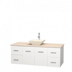 60 inch Single Bathroom Vanity in Matte White, Ivory Marble Countertop, Pyra Bone Porcelain Sink, and No Mirror