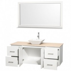 60 inch Single Bathroom Vanity in Matte White, Ivory Marble Countertop, Pyra White Porcelain Sink, and 58 inch Mirror