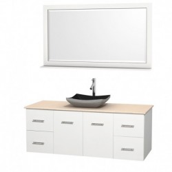 60 inch Single Bathroom Vanity in Matte White, Ivory Marble Countertop, Altair Black Granite Sink, and 58 inch Mirror
