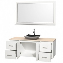 60 inch Single Bathroom Vanity in Matte White, Ivory Marble Countertop, Altair Black Granite Sink, and 58 inch Mirror
