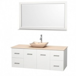 60 inch Single Bathroom Vanity in Matte White, Ivory Marble Countertop, Avalon Ivory Marble Sink, and 58 inch Mirror