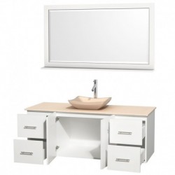 60 inch Single Bathroom Vanity in Matte White, Ivory Marble Countertop, Avalon Ivory Marble Sink, and 58 inch Mirror